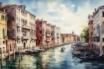 Fototapeta na wymiar A watercolor sketch of Venice's Grand Canal. Generative AI