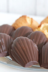 Homemade muffins and Madeleine cookies in chocolate. They lie on a plate. Close-up.