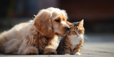 cute dog and cat hugging. Animal friendship . Generative AI