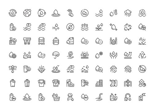 Vector Water Icons Set. Outline Thin Collection of Water line art Icons, Sign and Symbols - Water Drop, Purification, Hydration, Filtering, Filtration Process, Drinking Water and more.