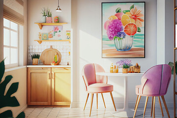 A cozy and inviting snack area with a boho-style decor, featuring soft tones and charming details, generative ai illustration