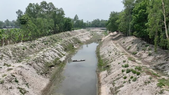 Dry River in Drought Conditions due to global warming and climate change. Aerial Drone View of Dry river bed. mora bangali river, sariakandi, bogura, rajshahi, bangladesh