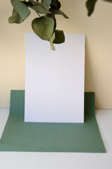 Greeting, post card, invitation white card photo mock up with green envelope on the white background with the eucalyptus.