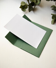 Greeting, post card, invitation white card photo mock up with green envelope on the white background with the eucalyptus.
