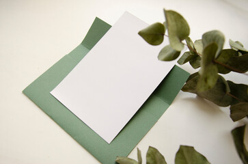 Greeting, post card, invitation white card photo mock up with green envelope on the white background with the eucalyptus.