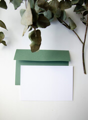 Greeting, post card, invitation white card photo mock up with green envelope on the white background with the eucalyptus.
