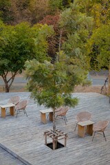 Wooden chairs and tables are at the outdoor living area with many tree.