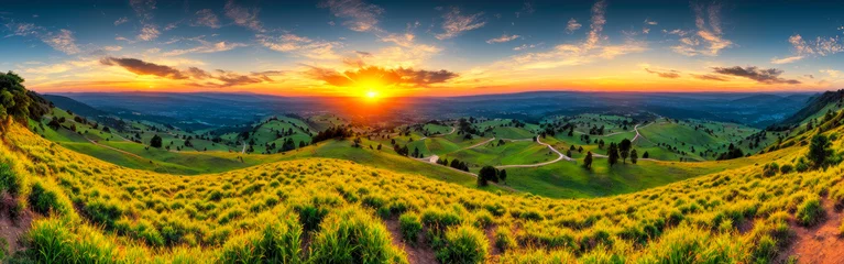 Tuinposter beautiful sunset over mountains and hills of pastures and farms in villages. Amazing colorful sky and incredible landscape to travel. Generative AI © Celt Studio