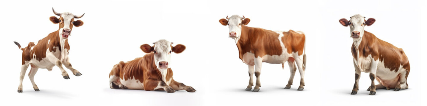 Wildlife cows animals banner panorama long - Collection of funny cute crazy laughing lying, standing, sitting brown white cow, isolated on white background, Generative Ai