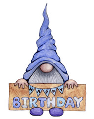 Watercolor Birthday Greeting Gnome. Happy Birthday Gnome