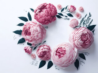 Peonies roses on white background with copy