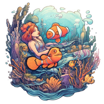 A whimsical watercolor painting of a clownfish and a mermaid in a colorful underwater scene, the mermaid lounging on a coral reef while the clownfish, Generative Ai