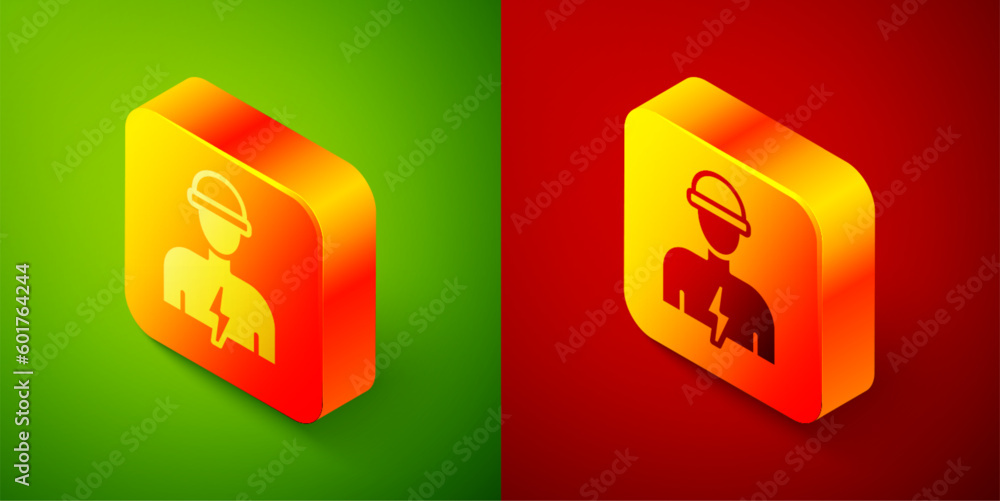 Poster isometric electrician technician engineer icon isolated on green and red background. square button. 