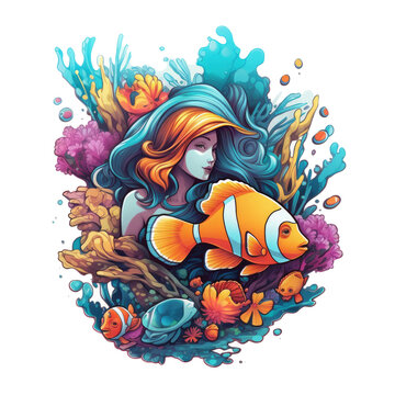 A 3D rendering of a clownfish and a mermaid in a vibrant underwater scene, the mermaid swimming elegantly while the clownfish follows her, with a colorful background, Generative Ai