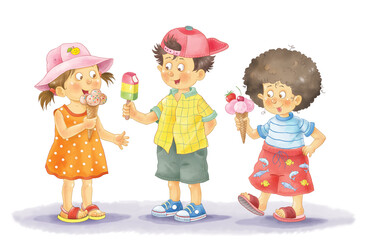Summer. Happy cute kids eating ice cream. Illustration for children. Coloring page