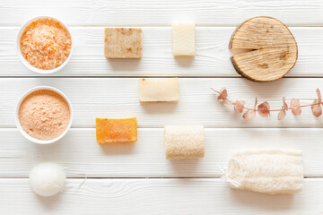 Layout of spa bathing cosmetics and accessories set