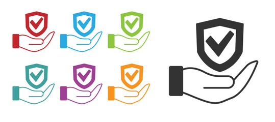 Black Shield in hand icon isolated on white background. Insurance concept. Guard sign. Security, safety, protection, privacy concept. Set icons colorful. Vector