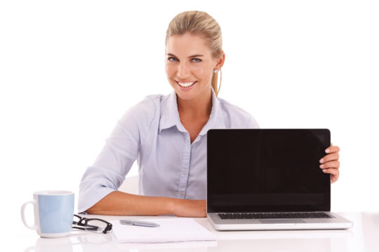 Laptop screen, mockup with business woman and smile in portrait isolated on png transparent background. Technology advertising, digital marketing and happy female professional at desk with pc - Powered by Adobe
