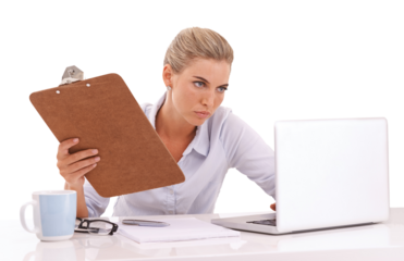 Laptop, documents and an angry business woman isolated on a transparent background for report or review. Computer, email and checklist with a female employee holding a clipboard for a survey on PNG