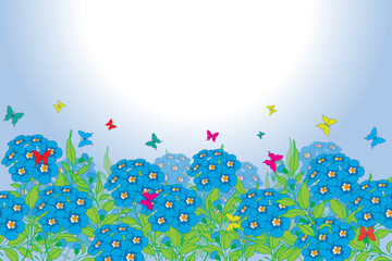 Fototapeta na wymiar Illustration, The forget me not flower and butterfly on soft blue sky background with white sun.