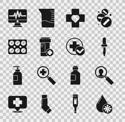 Set Blood test and virus, Medical analysis, Pipette, Heart with cross, Medicine bottle, Pills blister pack, Monitor cardiogram and Cross hospital medical icon. Vector