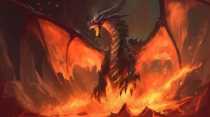 Fotobehang ファンタジー黒翼のドラゴンと騎士の軍団、巨大なドラゴンから火を噴くイラスト、中世の騎士の英雄、壮大な戦闘ファンタジーゲームAI © enopi