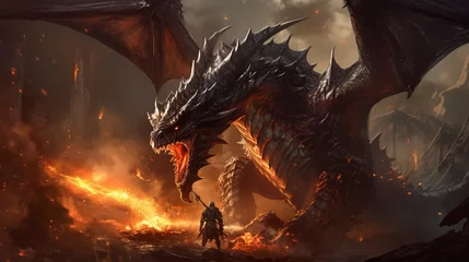 Fotobehang ファンタジー黒翼のドラゴンと騎士の軍団、巨大なドラゴンから火を噴くイラスト、中世の騎士の英雄、壮大な戦闘ファンタジーゲームAI © enopi