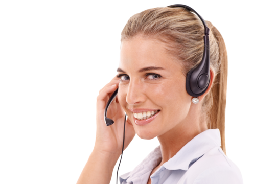 Call center, face portrait and happy woman in customer service isolated on a transparent png background. Telemarketing, contact us and female person smile, sales agent or consultant with headphones.