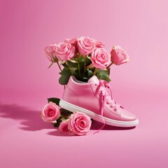 There are roses around the sneakers. Minimalistic AI generative composition