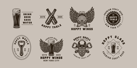 Set of vintage retro beer brewing emblem, logo, badge, label. mark, poster or print. Monochrome Graphic Art. Engraving style vecctor