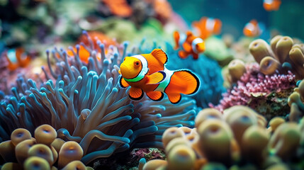  Colorful clownfish swim gracefully among vibrant corals in a tropical reef, creating a lively and mesmerizing underwater scene, Generative Ai - obrazy, fototapety, plakaty