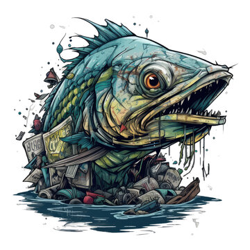 A grouchy mutant Mahi-Mahi fish with a fierce expression and a twisted mouth, swimming in a sea of plastic garbage and debris, surrounded by a bleak industrial landscape, Generative Ai