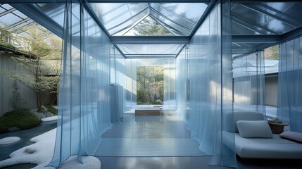 Fototapeta na wymiar Modern transparent house, full of glass with blue style and thanks to this, it offers a wonderful view of the garden from anywhere. Generative AI Technology