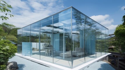 Modern transparent house, full of glass with blue style and thanks to this, it offers a wonderful view of the garden from anywhere. Generative AI Technology