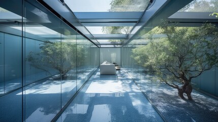 Modern transparent house, full of glass with blue style and thanks to this, it offers a wonderful view of the garden from anywhere. Generative AI Technology