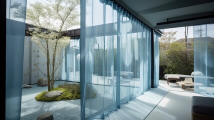 Modern transparent house, full of glass with blue style and thanks to this, it offers a wonderful view of the garden from anywhere. Generative AI Technology