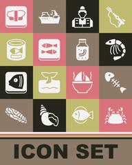 Set Crab, Fish skeleton, Shrimp, Fisherman, Canned fish, Sushi cutting board and Sea cucumber jar icon. Vector