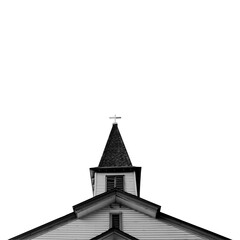 Church steeple with cross white and black concrete chapel in low angle transparent PNG background
