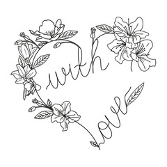 Vector Heart with Flowers in doodle style. A postcard for the Valentine's Day holiday. A symbol of love in the form of a frame with flowers and leaves in the style of line art. Wedding invitation card