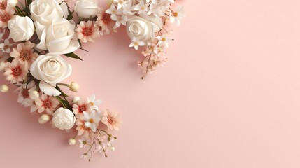 Heat shaped flowers in a wreath on pink background with copy space