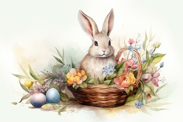 Watercolor bunny in basket with spring flowers and easter egg, cheerful illustration. Generative AI