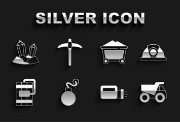 Set Bomb, Miner helmet, Mining dump truck, Flashlight, Dynamite, coal trolley, Gem stone and Pickaxe icon. Vector