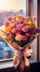 Beautiful bouquet of mixed flowers in a vase on the window