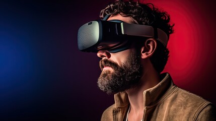 Photograph of man with VR headset exploring the metaverse, Generative AI Technology