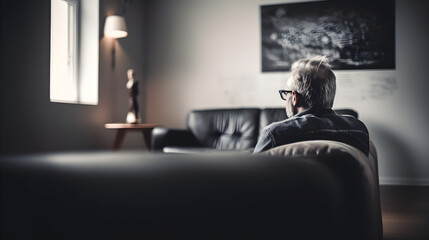 Elderly man alone and sitting in his living room looking out the window. Concept of loneliness, sadness and depression in the elderly. Generative ai. - obrazy, fototapety, plakaty