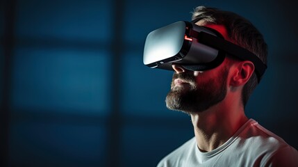 Photograph of man with VR headset exploring the metaverse, Generative AI Technology