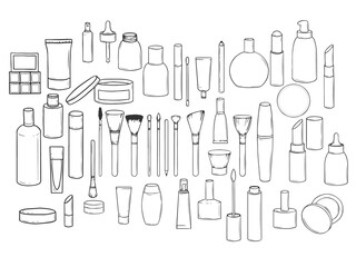 Set of hand-drawn cosmetics. Collection of jars, tubes and bottles in doodle style. Illustration on transparent background