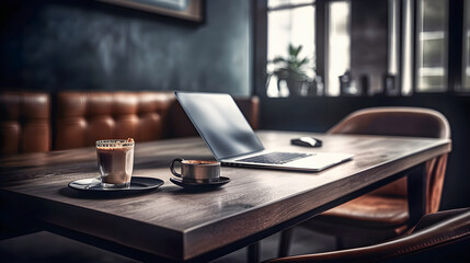 Office, meeting or work room with a wooden table on which there is a laptop and coffee. Work and business concept. Generative ai.