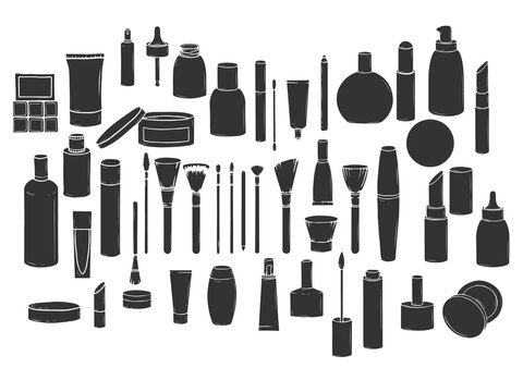 Set of hand-drawn cosmetics. Jars, tubes, brushes and bottles silhouettes collection. Illustration on transparent background