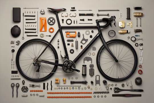 A highly detailed, deconstructed future bicycle arranged in a knolling layout, showcasing its intricate design and construction. , Generativ Ai